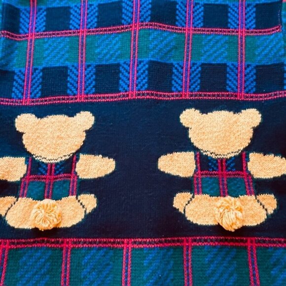 1980's AOP Teddy Bear Tartan Plaid Plush Tail Themed Cardigan Sweater Medium - Picture 7 of 12